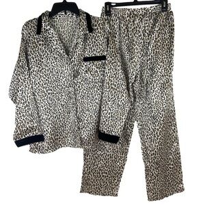 Leopard Print Satin Velvet Trim Pajama Set Evandale Intimates Medium Mobwife